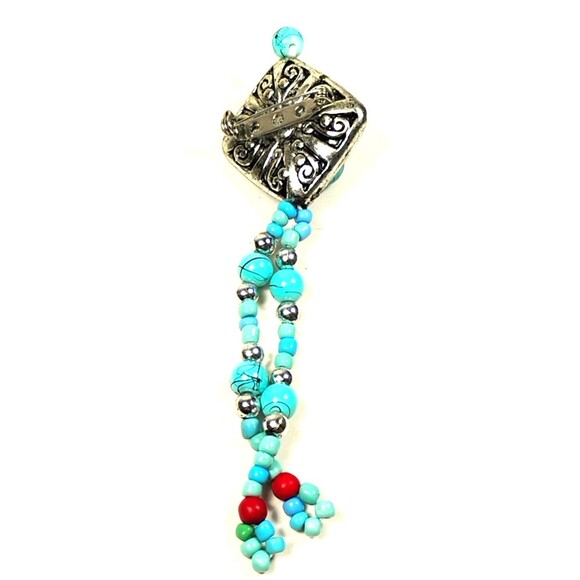 womens Silver Tone Faux Turquoise Beaded Dangle Brooch Pin Southwestern Boho - Picture 4 of 4